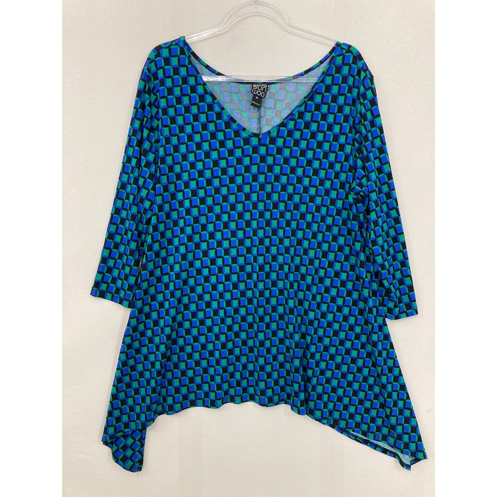 Clara Sun Woo‎ Tunic XL Blue Green Geometric Shark-bite Hem 3/4 Sleeve Stretch